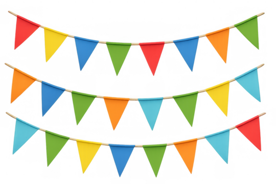 Colorful celebration bunting flags hanging on transparent background