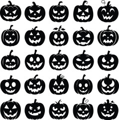 Vector art of collection of twentyfive halloween pumpkin silhouettes, featuring various spooky and funny face expressions for festive designs