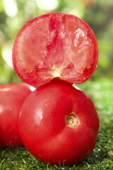Fresh Red Tomato Cut in Half Showing Juicy Flesh on Green Grass