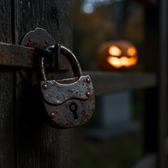 Rusty Padlock on Wooden Post with Glowing Jack O Lantern