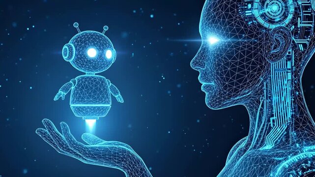 A glowing blue wireframe human figure gazes at a small hovering robot with digital circuits pulsing on its head and neck, perfect for sci fi and technology visuals