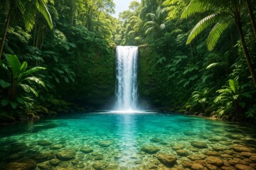 Fototapeta premium Stunning tropical waterfall cascading into crystal-clear turquoise pool surrounded by lush green jungle foliage and sun-dappled light background. Ai generative