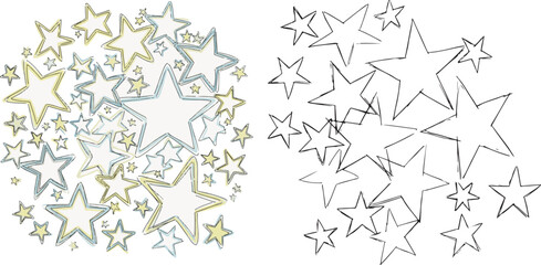 Hand-Drawn Sketchy Star Cluster Pattern in Yellow and Blue