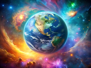 Obraz premium A breathtaking view of planet earth surrounded by a vibrant and colorful nebula in deep outer space