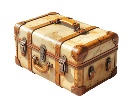 Vintage cream leather suitcase with brown trim, metal clasps, and handles; showing wear and tear, angled slightly