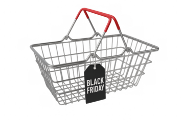 Shopping basket with black friday tag on transparent background