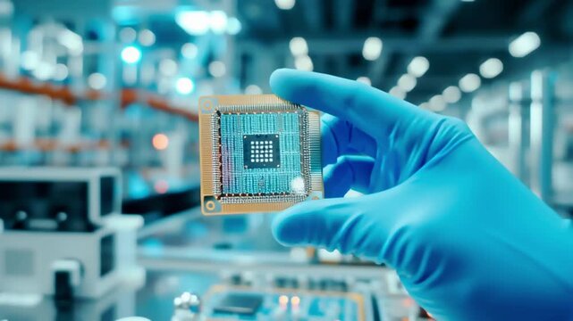 Semiconductor Microchip in Cleanroom Factory, Held with Blue Glove.Generative AI