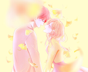 向かい合ってい笑う男女　秋　イチョウ