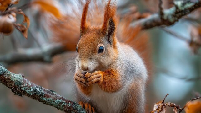 Vector illustration of a cute red squirrel sitting on a tree branch while eating a nut, woodland wildlife animal artwork for forest, nature, and ecological design projects - Powered by Adobe