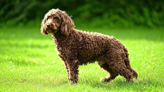 Adorable Cockapoo Dog Playing in the Green Grass Field.