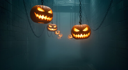 Spooky Pixelated Jack o Lanterns Hanging in a Dim Lit Concrete Hallway