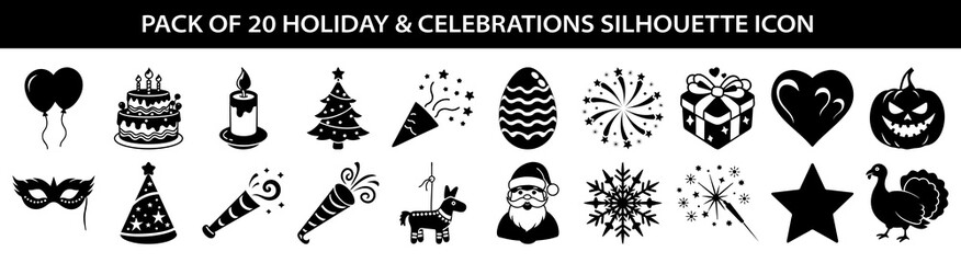pack of 20 holiday and celebration silhouette icon