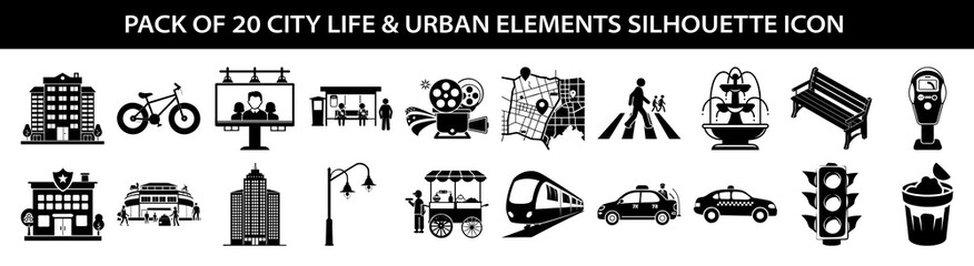 pack of 20 city life and urban elements silhouette icons, , featuring buildings, bicycle, billboard, bus stop, cinema, traffic light, street lamp, train, taxi, and more