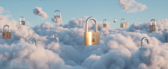 The collection of floating locks among soft clouds in a surreal landscape.
