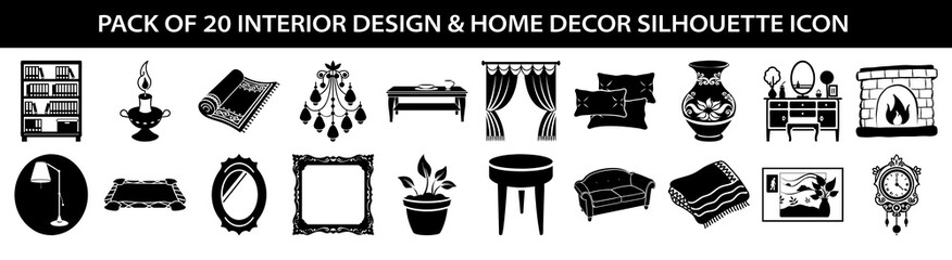 Vector art of pack of 20 interior design and home decor silhouette icons, featuring furniture, lighting, and decorative elements for modern living spaces