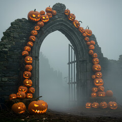 Stone Archway Decorated with Glowing Carved Pumpkins for Halloween Festival in a Misty Outdoor Setting
