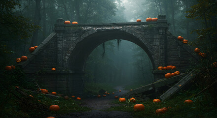 Stone Bridge Decorated With Orange Pumpkins in Misty Forest