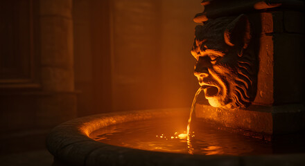 Stone Fountain with Gargoyle Face in Dark Lighting and Water Flowing Out In Dark Room with Fog