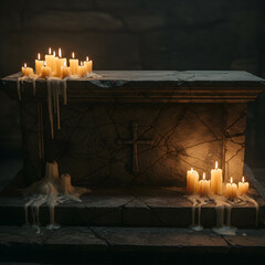 Stone Altar with Cross Relief Surrounded by Lit Candles in Dark Setting