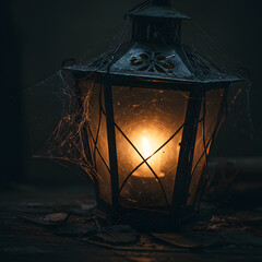 Vintage Metal Lantern with Warm Glowing Candlelight and Cobwebs in Dark Setting