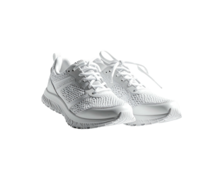 A pair of clean white athletic shoes with mesh uppers and laces, angled slightly to the right, set against a black background