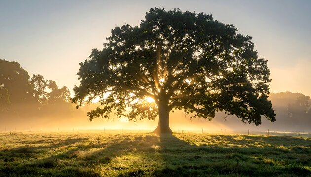 Sunrise illuminates a majestic oak tree in a misty field - Powered by Adobe