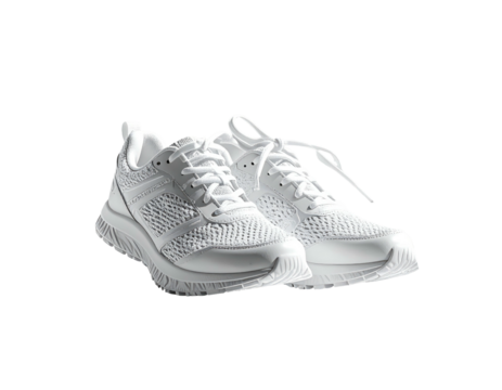 A pair of clean white athletic shoes with mesh uppers and laces, angled slightly to the right, set against a black background