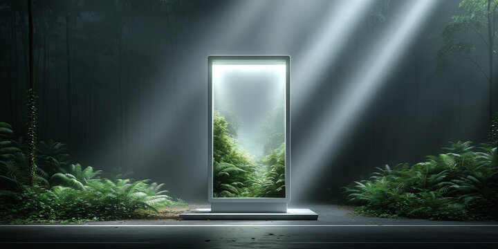 Luminous digital display transports viewers into vibrant green forest, bathed in ethereal sunlight. serene, hopeful scene emerges, connecting technology with nature, inspiring wonder and peace