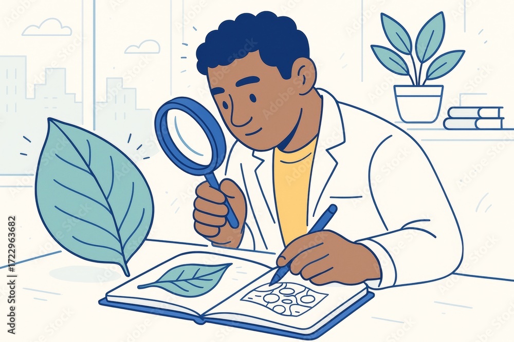 Poster scientist examining leaf with magnifying glass while drawing in notebook in bright room with plants 