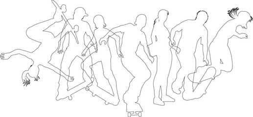 A group of skateboarders women and men or girls and boys, male and female skateboarders in silhouette.