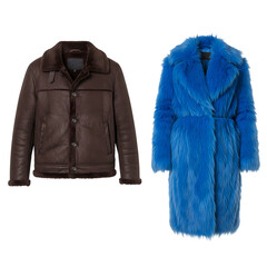 Stylish outerwear featuring a brown leather jacket and a vibrant blue faux fur coat on transparent background