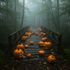 Wooden Bridge Adorned with Orange Carved Pumpkins Amidst Misty Forest in Atmospheric Halloween Theme