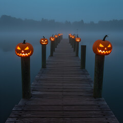 Wooden Pier Adorned with Halloween Pumpkins on a Misty Lake at Dusk