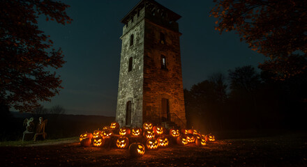 Tall Stone Tower Surrounded by Glowing Carved Pumpkins at Night