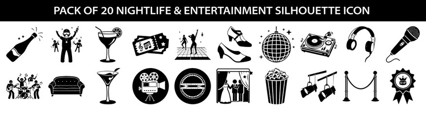 Vector art of collection of 20 nightlife and entertainment silhouette icons, including champagne, dancing people, cocktails, tickets, dj equipment, disco ball, microphone, and movie camera