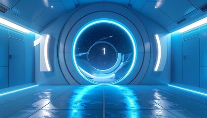 A futuristic, blue-lit hallway with a large, circular portal displaying a starry scene. The number "1" is prominently displayed