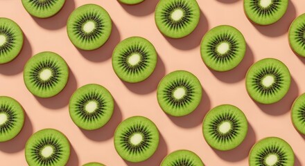 Fototapeta premium Juicy Kiwi Halves Pattern on Warm Peach Background.