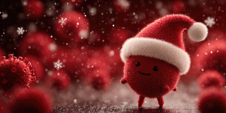 Red virus cell in Santa hat with snowflakes on white background, conceptual Christmas pandemic illustration with safety awareness message and festive winter holiday design, copy space