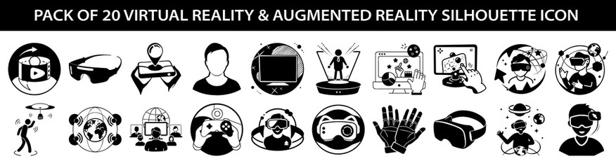Vector art of pack of 20 virtual reality and augmented reality silhouette icons, including vr headsets, ar glasses, gaming controllers, and holographic projections