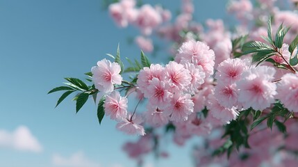 Delicate Pink Cherry Blossoms Against a Clear Blue Sky in Spring Sunlight