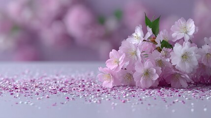 Delicate Pink Cherry Blossom Flowers on Light Purple Surface with Dew Drops and Blurred Floral Background