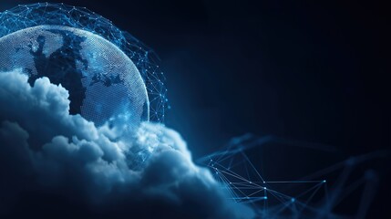 Digital earth connected to cloud nodes via data lines, featuring binary icon and rising arrow on blue. Technology concept for information transfer and internet communication systems.