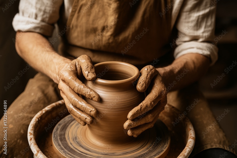 Poster close-up view of artisan shaping clay pottery on spinning wheel with muddy hands in warm ambient lig