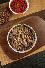 Fried Grasshoppers and Edible Insects in Bowls on Wooden Board - Alternative Protein Food