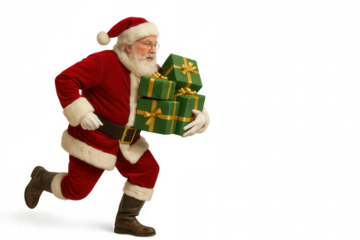 Santa claus running with christmas gifts, delivering presents, hurry and urgency for holiday season, transparent background