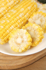 Fresh Yellow Corn Cobs on White Plate - Organic Vegetable Food Ingredient