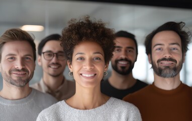 Diverse hybrid team collaborating in a minimal office with digital tools and remote conferencing, highlighting inclusivity, modern workplace culture, flexibility and professional business photography