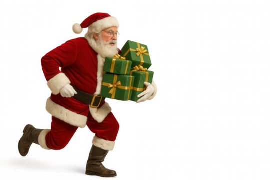 Santa claus running with christmas gifts, delivering presents, hurry and urgency for holiday season, transparent background
