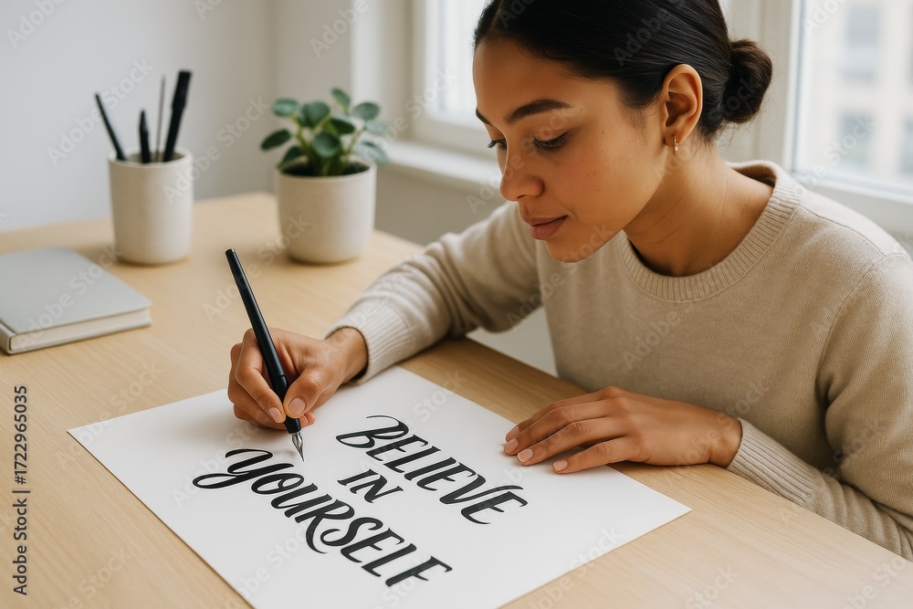 Poster young woman practicing modern calligraphy with motivational quote in cozy workspace with plants and 