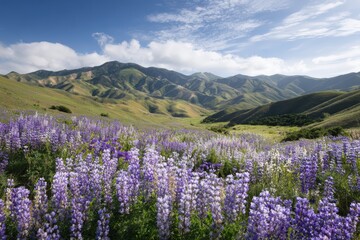 Colorful lupine flowers carpeting a lush hillside under wide open blue sky, captured in natural sunlight for decorative wall prints, travel promotions and sustainable lifestyle marketing projects